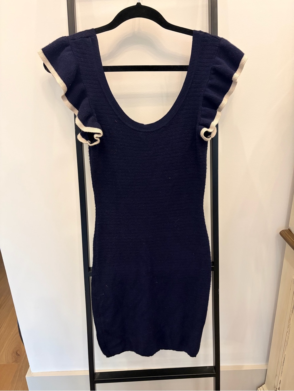 NWT Boutique Navy Knit Mini Dress with Contrast Ruffle Sleeves